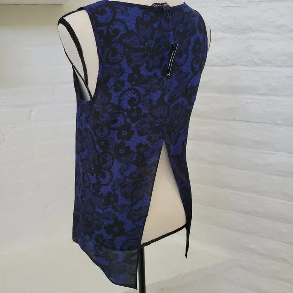 Express Tank Top Womens Small Blue Black Back Slit Navy Floral Sleeveless - Picture 4 of 7